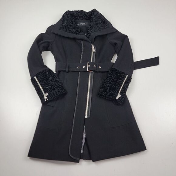 Guess Wool Full Zip Vintage Y2K Belted Coat Jacket Black Ruffles - Picture 1 of 9